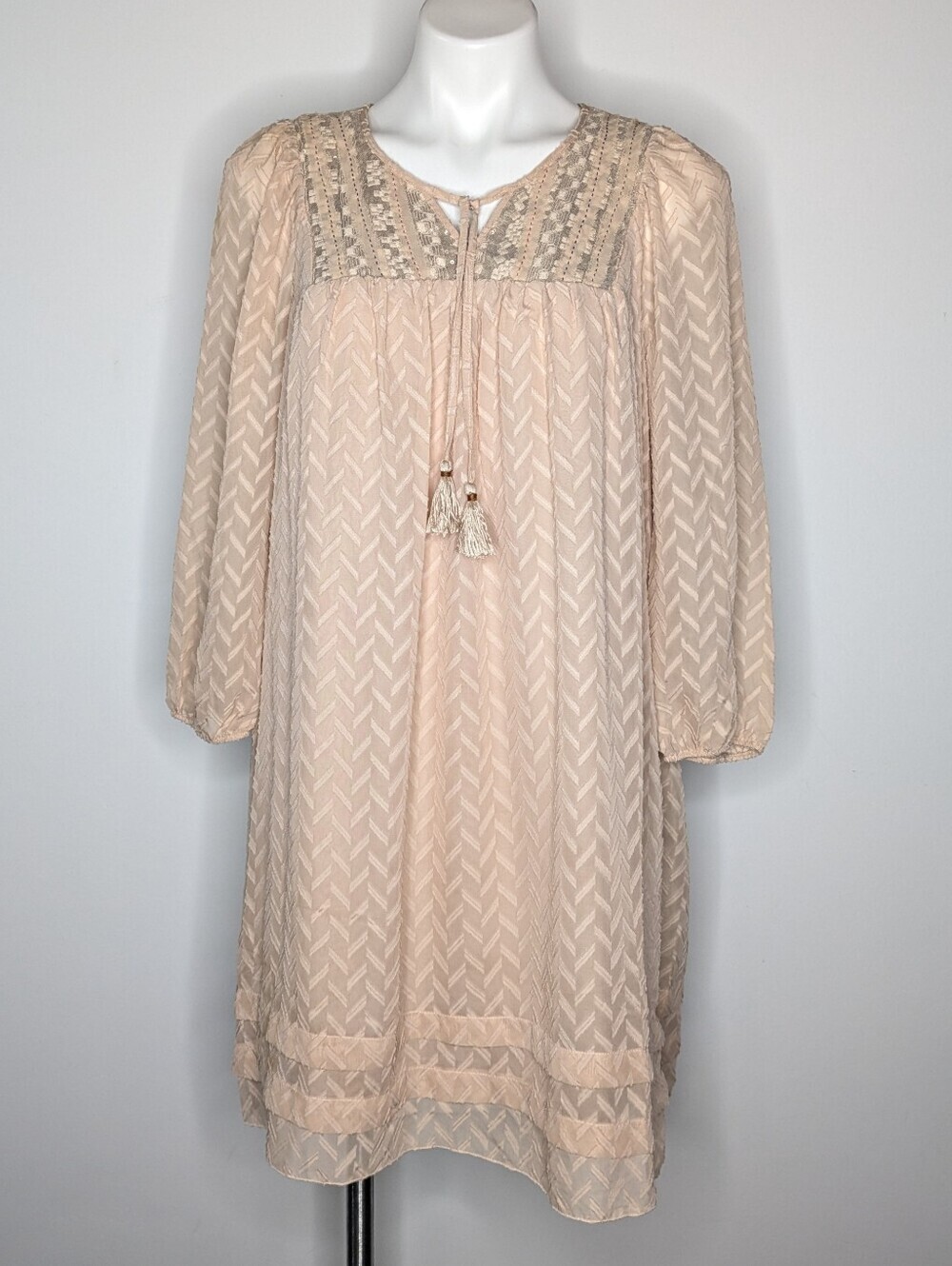 Anthro One September Anwen Light Peach Long Sleeve Tie Neck Knee Length Dress S